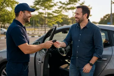 Chaveiro abrindo a porta de um carro com ferramentas especializadas.