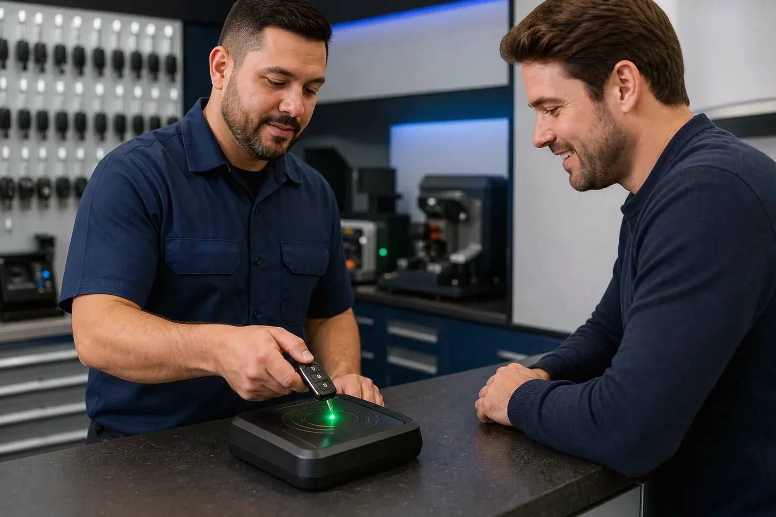 Chaveiro programando um controle remoto de carro com equipamento específico.