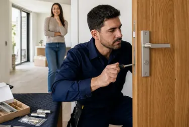 Chaveiro realizando a instalação de uma fechadura em uma porta.